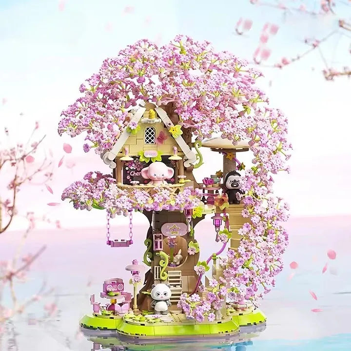 HKM-334035 Cherry Blossom Tree House Building Block Set with Panda - 50 Pieces for Ages 2 and Up