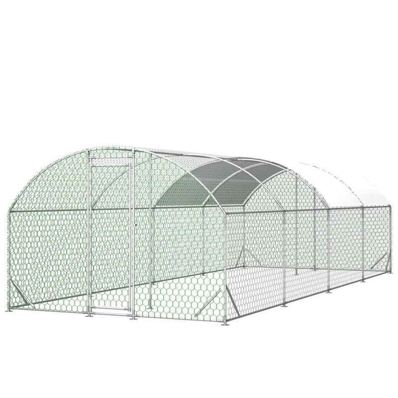 HKM-334547 Large Metal Chicken Coop - 26'x9'x6' Walk-in Poultry Cage with Waterproof Cover for Outdoor Use