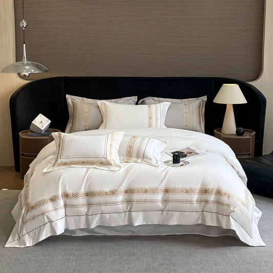 HKM-334547 Pure Cotton Four-Piece Embroidered Bedding Set with Fitted Sheet and Duvet Cover