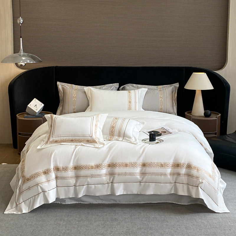 HKM-334547 Pure Cotton Four-Piece Embroidered Bedding Set with Fitted Sheet and Duvet Cover