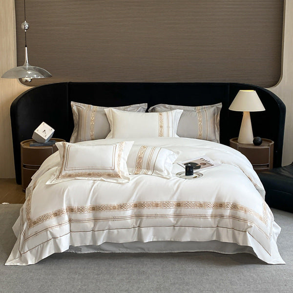 HKM-334547 Pure Cotton Four-Piece Embroidered Bedding Set with Fitted Sheet and Duvet Cover