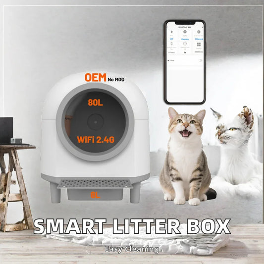 HKM-334675 Smart Self-Cleaning Cat Litter Box with Large 80L Capacity and Automatic Function