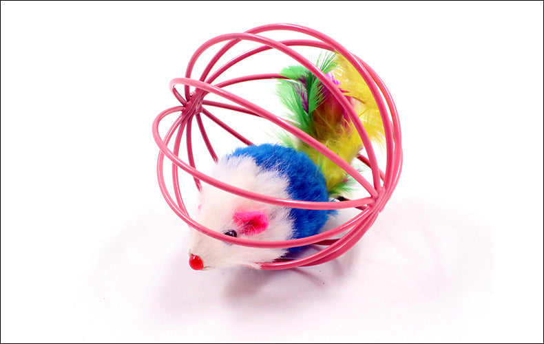 HKM-3347005 Feather-Caged Mouse Plush Cat Teaser Toy for Playful Fun