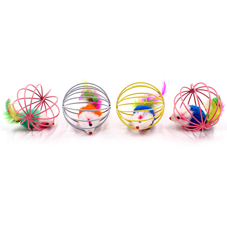 HKM-3347005 Feather-Caged Mouse Plush Cat Teaser Toy for Playful Fun