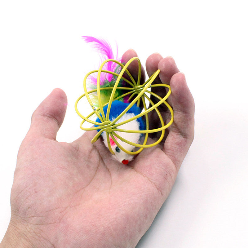 HKM-3347005 Feather-Caged Mouse Plush Cat Teaser Toy for Playful Fun