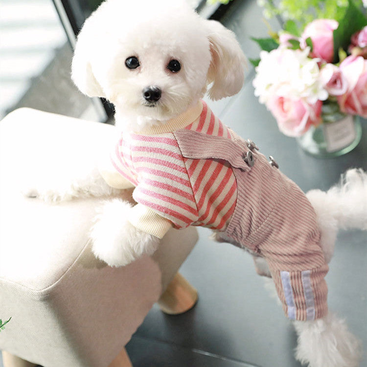 HKM-3347901 Khaki and Wine Red Striped Corduroy Four-Legged Dog Outfit for Autumn and Winter