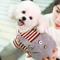 HKM-3347901 Khaki and Wine Red Striped Corduroy Four-Legged Dog Outfit for Autumn and Winter