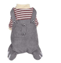HKM-3347901 Khaki and Wine Red Striped Corduroy Four-Legged Dog Outfit for Autumn and Winter