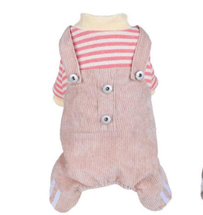 HKM-3347901 Khaki and Wine Red Striped Corduroy Four-Legged Dog Outfit for Autumn and Winter