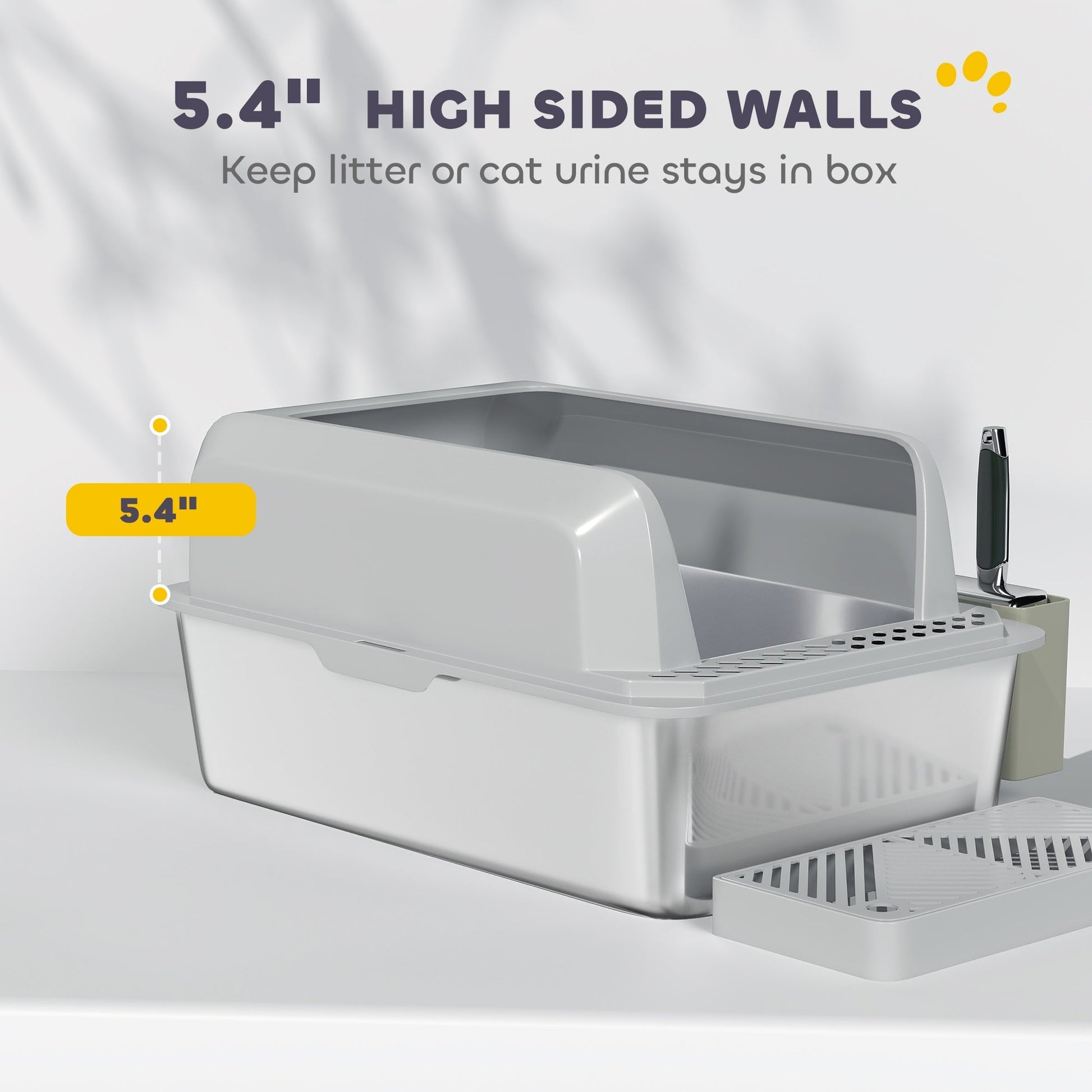 HKM-3348797 Stainless Steel Cat Litter Box with High Walls, Scoop, and Holder for Easy Cleanup