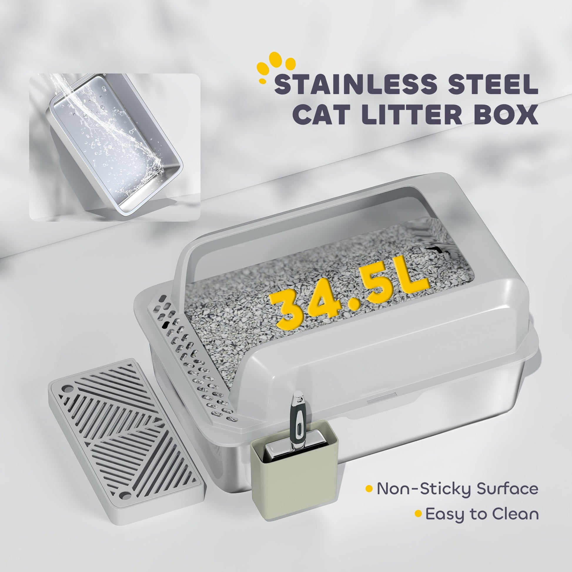 HKM-3348797 Stainless Steel Cat Litter Box with High Walls, Scoop, and Holder for Easy Cleanup
