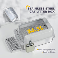 HKM-3348797 Stainless Steel Cat Litter Box with High Walls, Scoop, and Holder for Easy Cleanup