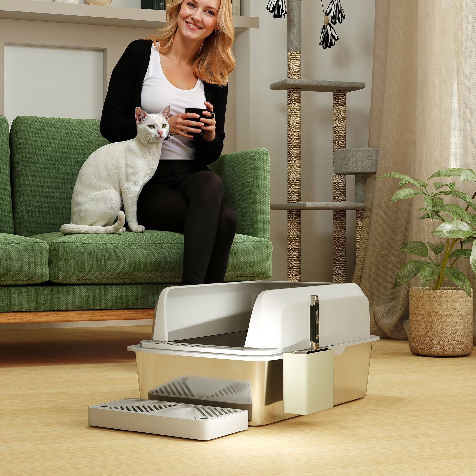 HKM-3348797 Stainless Steel Cat Litter Box with High Walls, Scoop, and Holder for Easy Cleanup