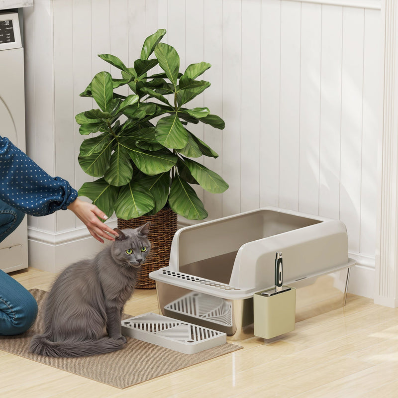 HKM-3348797 Stainless Steel Cat Litter Box with High Walls, Scoop, and Holder for Easy Cleanup