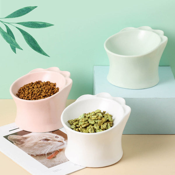 HKM-3349309 Ceramic Cat Food Bowl for Cervical Spine Protection ¨C Available in Pearl Mint Green, Pearl White, and Cherry Blossom Pink