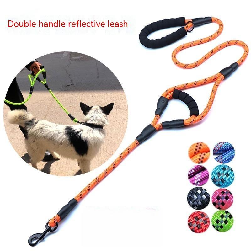 HKM-3352381 Reflective Nylon Woven Double Handle Dog Leash in Multiple Colors