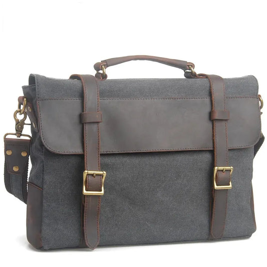HKM-335443 Leather Messenger Attache Case with Shoulder Strap - Versatile Canvas and Cowhide Design, 39cm x 7.5cm x 28cm