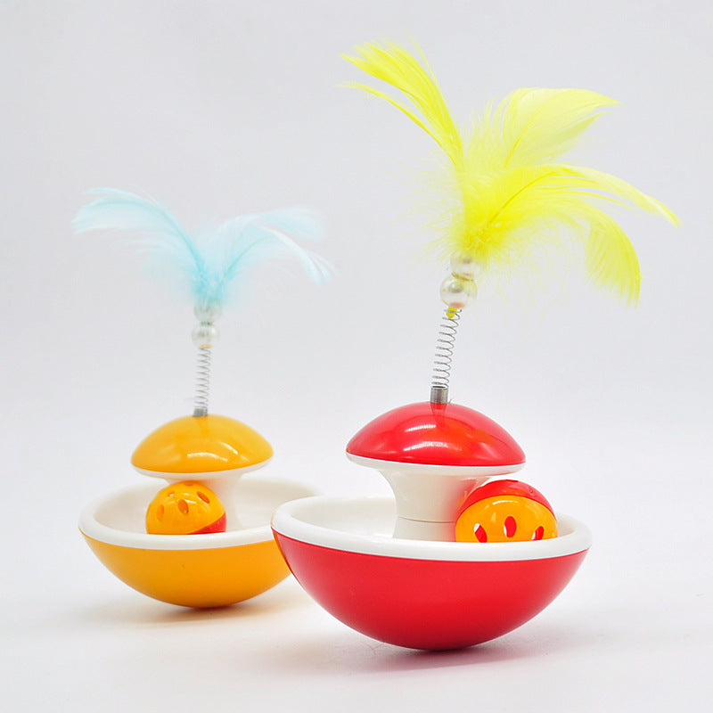 HKM-3359677 Interactive Feather Tumbler with Bell for Cats - Red & Yellow Plastic Toy