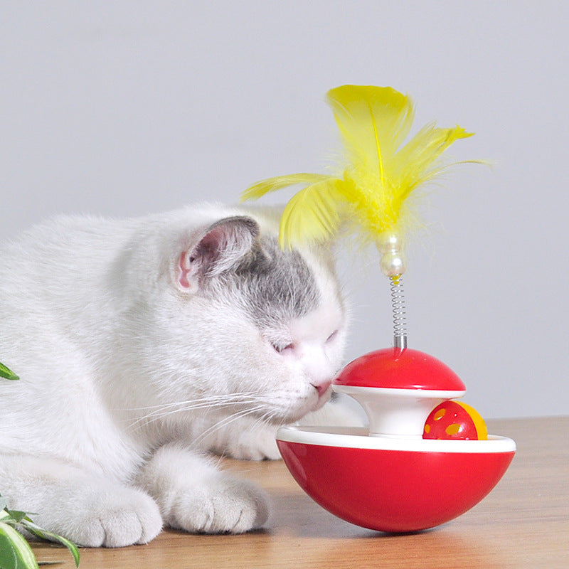 HKM-3359677 Interactive Feather Tumbler with Bell for Cats - Red & Yellow Plastic Toy