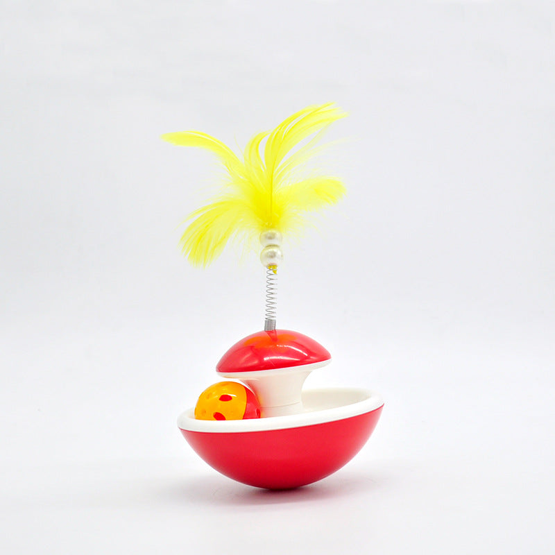 HKM-3359677 Interactive Feather Tumbler with Bell for Cats - Red & Yellow Plastic Toy