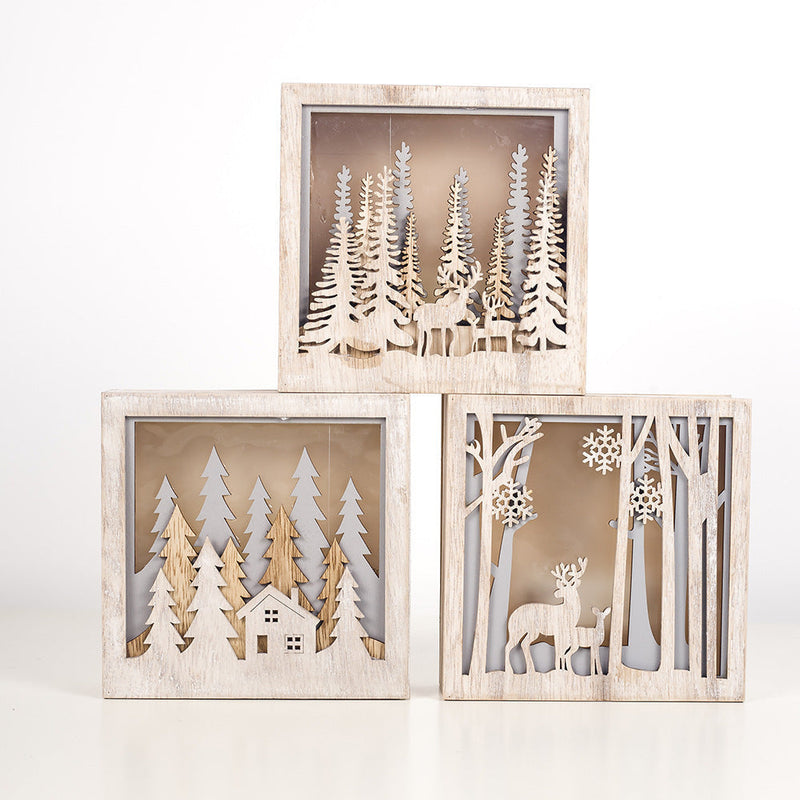 HKM-336147 Wooden Luminous Christmas Decoration Ornaments - Small Square Box with House, Deer, and Tree