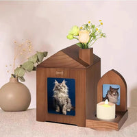 HKM-3362493 Solid Wood Pet Urn in Brown Retro Cabin Shape for Animal Memorial