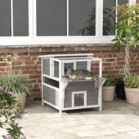 HKM-3362877 2-Story Wooden Outdoor Cat House with Balcony, Openable Top, and Escape Door