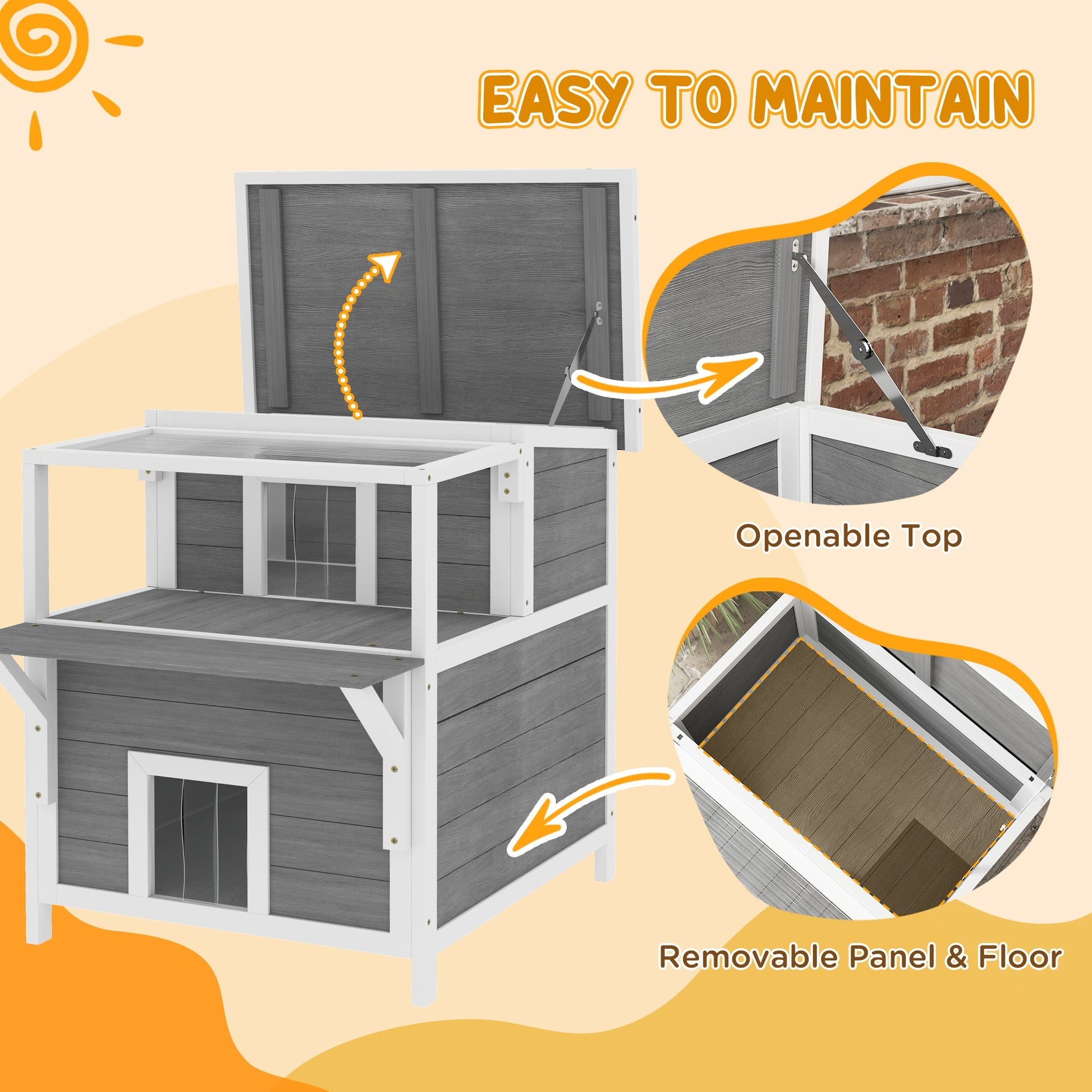HKM-3362877 2-Story Wooden Outdoor Cat House with Balcony, Openable Top, and Escape Door