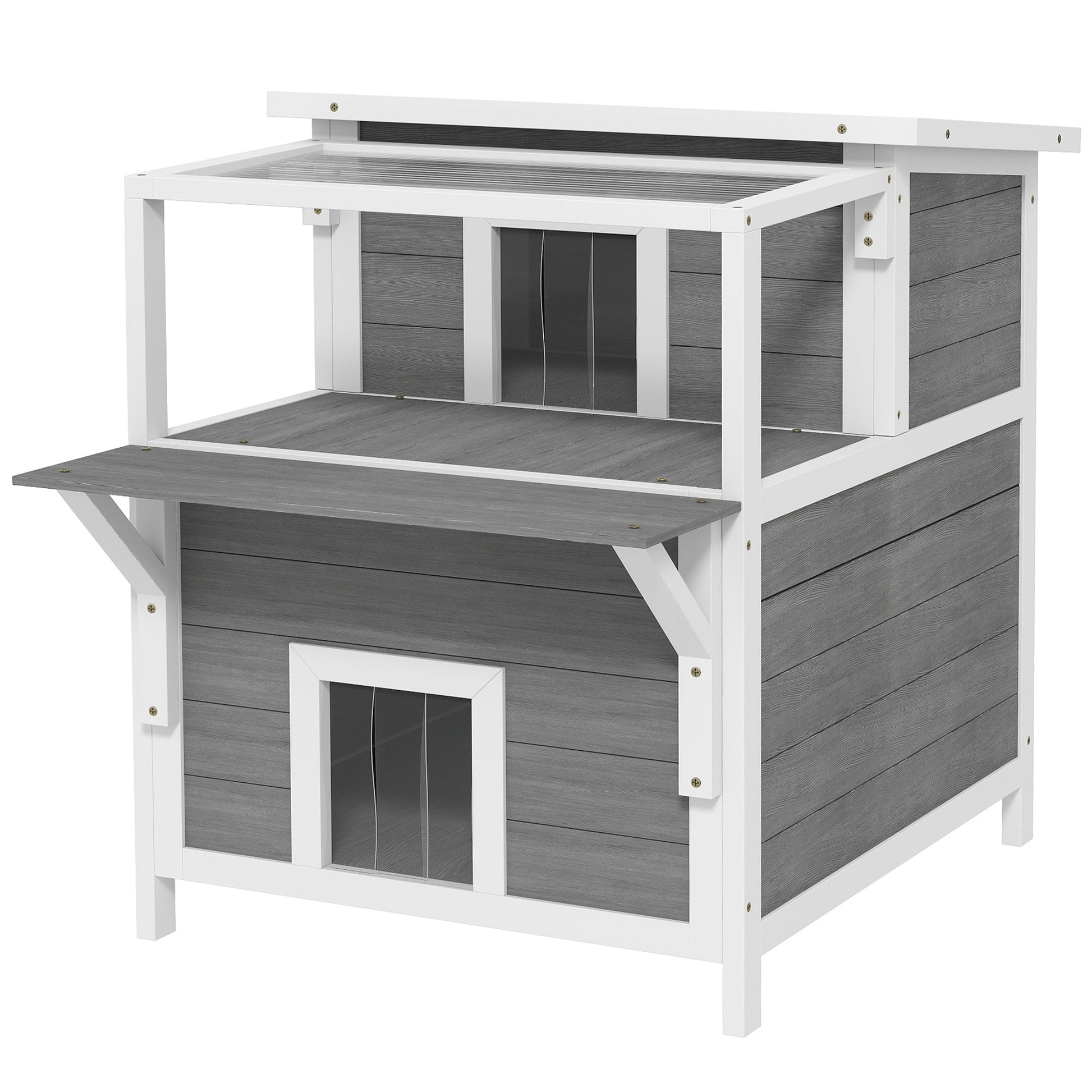 HKM-3362877 2-Story Wooden Outdoor Cat House with Balcony, Openable Top, and Escape Door