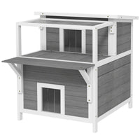 HKM-3362877 2-Story Wooden Outdoor Cat House with Balcony, Openable Top, and Escape Door