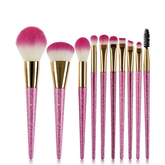 HKM-336595 10-Piece 3D Pink Makeup Brush Set with Galvanized Plastic Handles and Artificial Fibers, 17.5cm Size