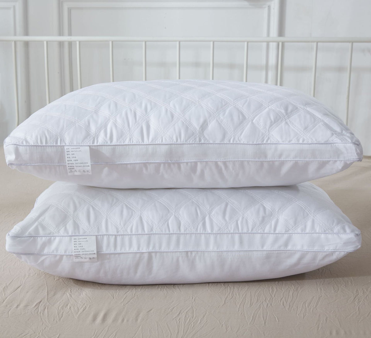 HKM-336659 White Cotton Quilted Three-Dimensional Pillow, 15.1-20cm Height, 42x75cm Size