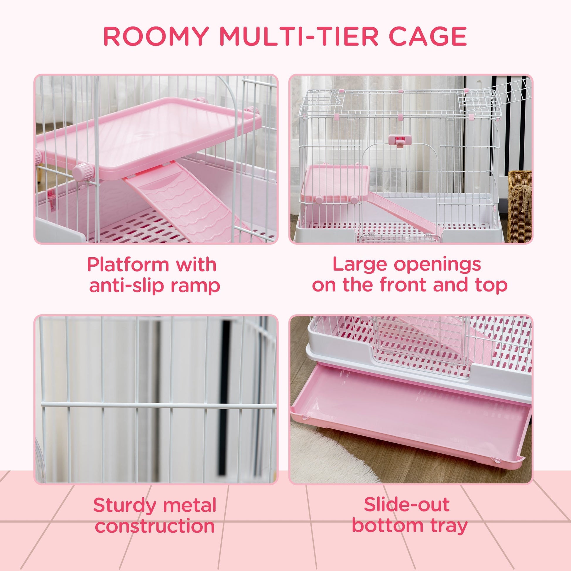 HKM-3368253 2-Level Small Animal Cage with Wheels, Removable Tray, Platform and Ramp for Rabbits, Chinchillas, and Ferrets, Pink