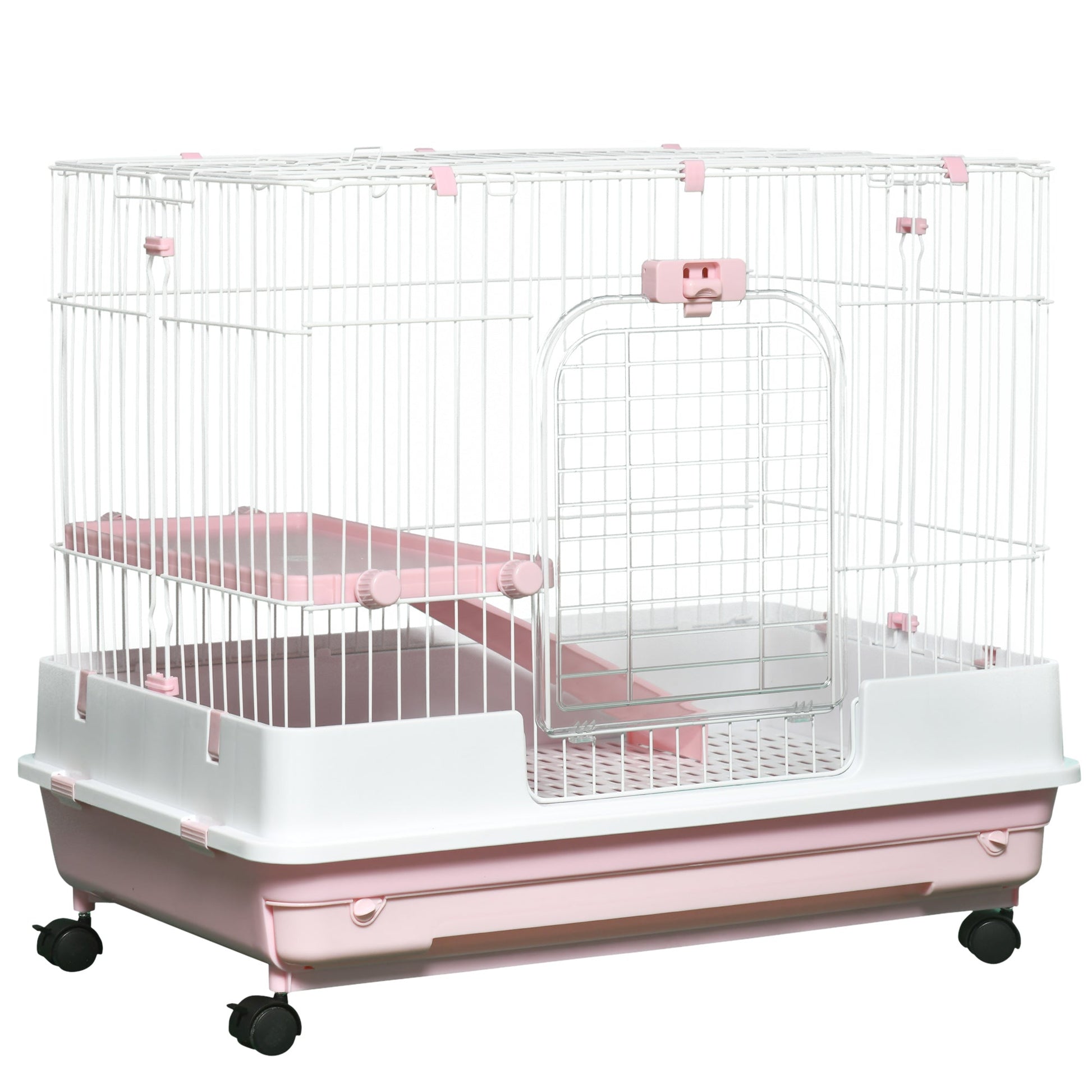 HKM-3368253 2-Level Small Animal Cage with Wheels, Removable Tray, Platform and Ramp for Rabbits, Chinchillas, and Ferrets, Pink