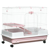 HKM-3368253 2-Level Small Animal Cage with Wheels, Removable Tray, Platform and Ramp for Rabbits, Chinchillas, and Ferrets, Pink