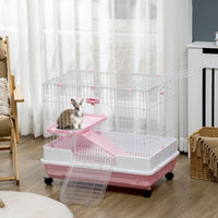 HKM-3368253 2-Level Small Animal Cage with Wheels, Removable Tray, Platform and Ramp for Rabbits, Chinchillas, and Ferrets, Pink