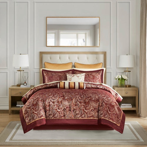 HKM-336851 12 Piece Queen Comforter Set with Cotton Sheets and Decorative Pillows in Red and Gold
