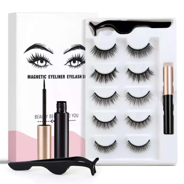 HKM-336915 Magnetic Eyelash Set with Liquid Eyeliner - Five Pairs of Glue-Free Lashes in Various Styles