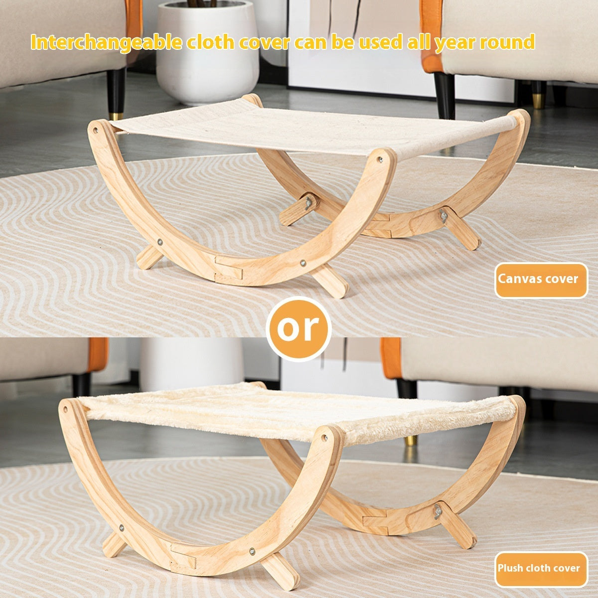 HKM-3371965 Solid Wood Foldable Cat Hammock Bed with Plush and Canvas Nesting Features