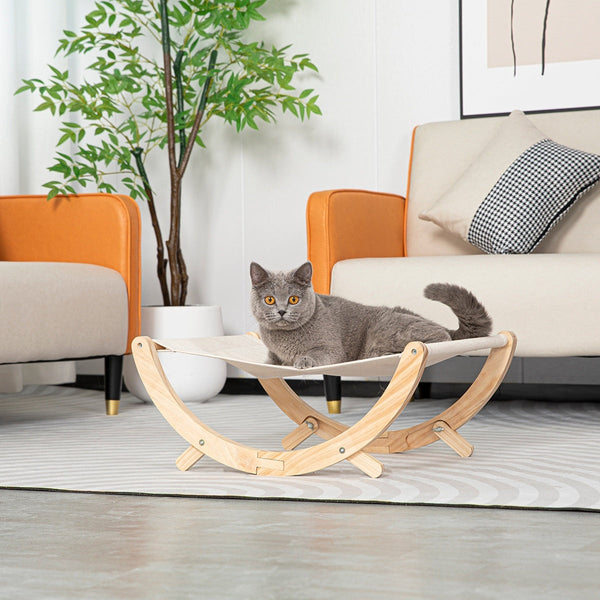 HKM-3371965 Solid Wood Foldable Cat Hammock Bed with Plush and Canvas Nesting Features