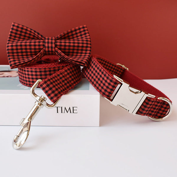 HKM-3372349 Red and Black Plaid Cotton and Polyester Collars and Leashes Set