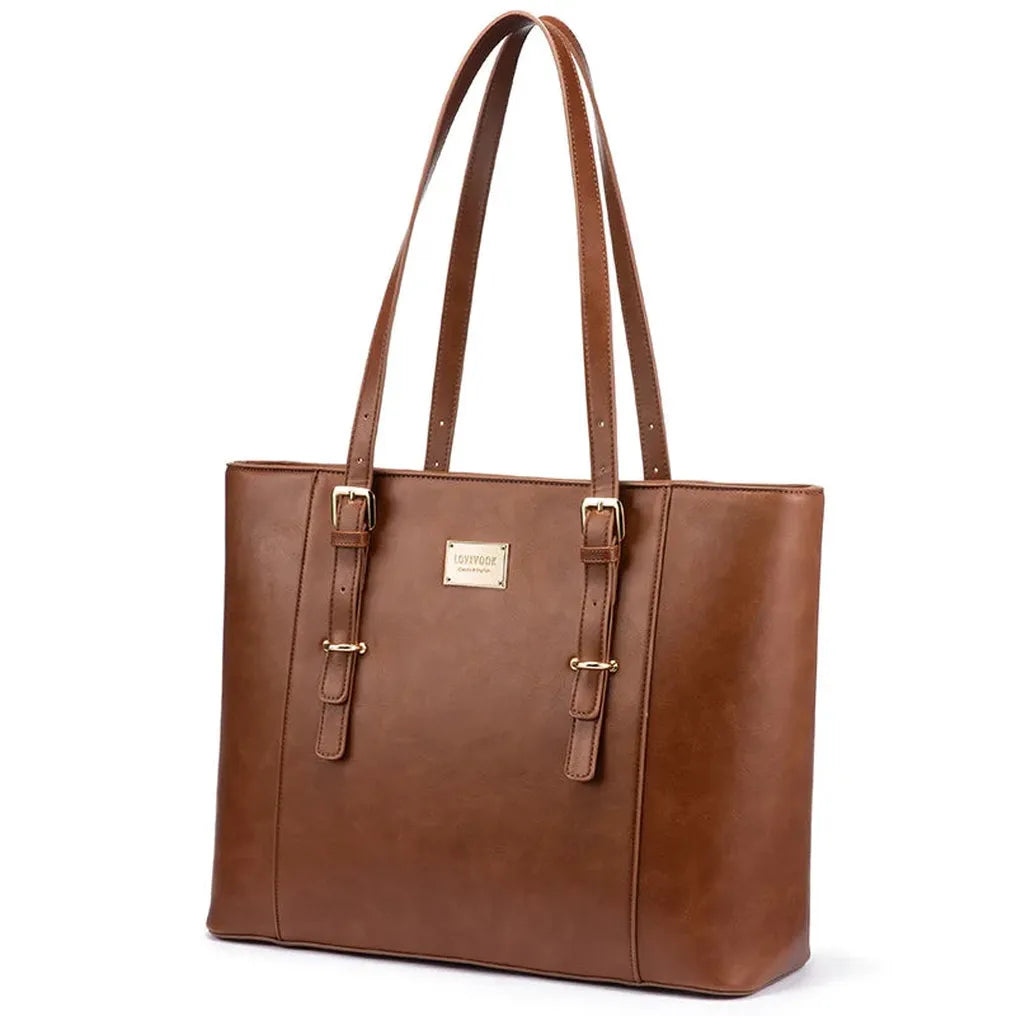 HKM-337235 Elegant 15.6 Inch PU Leather Laptop Tote Bag for Women - Spacious Shoulder Handbag for Office Use