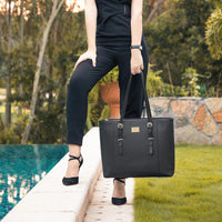 HKM-337235 Elegant 15.6 Inch PU Leather Laptop Tote Bag for Women - Spacious Shoulder Handbag for Office Use