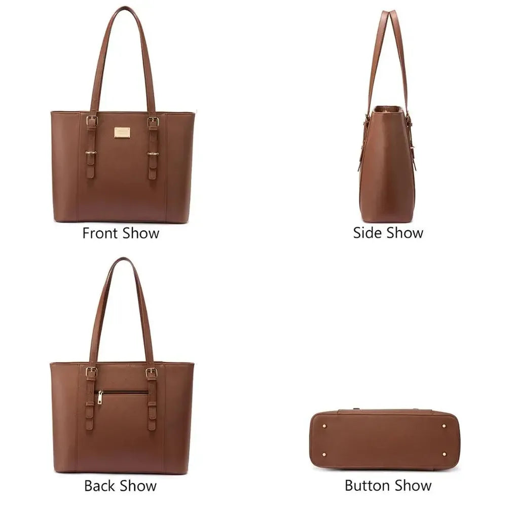 HKM-337235 Elegant 15.6 Inch PU Leather Laptop Tote Bag for Women - Spacious Shoulder Handbag for Office Use