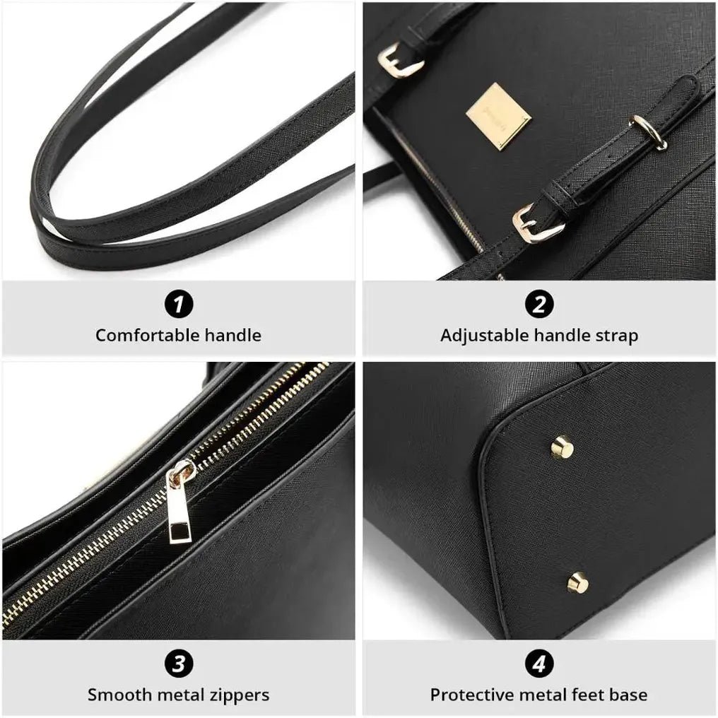 HKM-337235 Elegant 15.6 Inch PU Leather Laptop Tote Bag for Women - Spacious Shoulder Handbag for Office Use