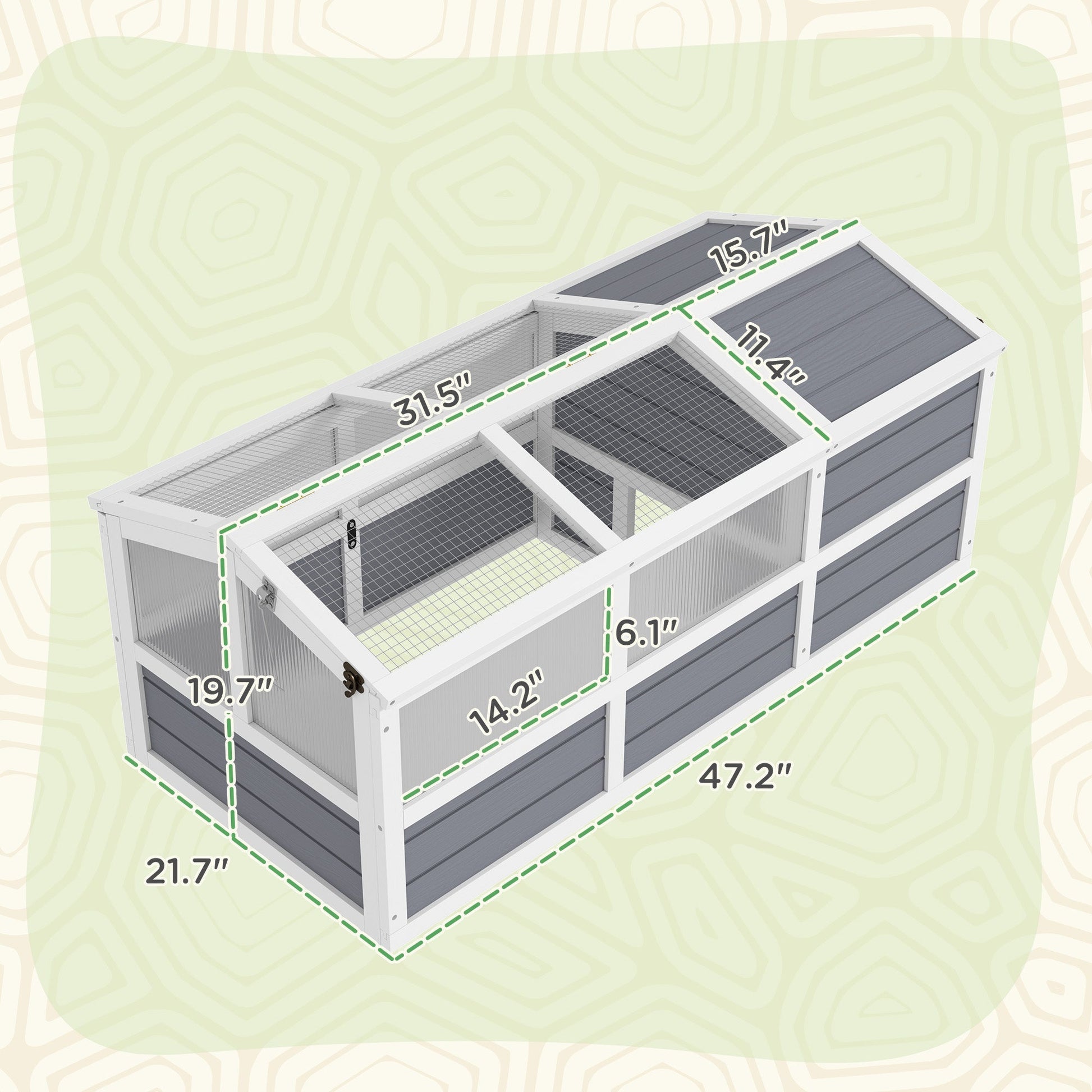 HKM-3374013 Outdoor Wooden Tortoise Habitat with Bottomless Design and PC Sun Panel Windows for Small Animals, Light Gray