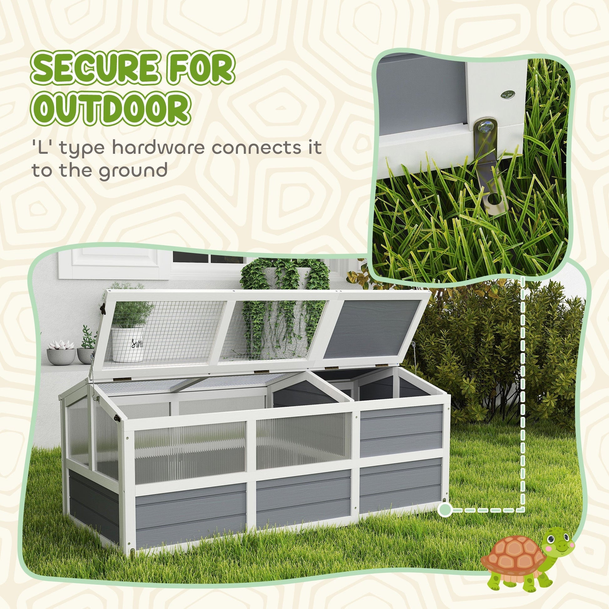 HKM-3374013 Outdoor Wooden Tortoise Habitat with Bottomless Design and PC Sun Panel Windows for Small Animals, Light Gray