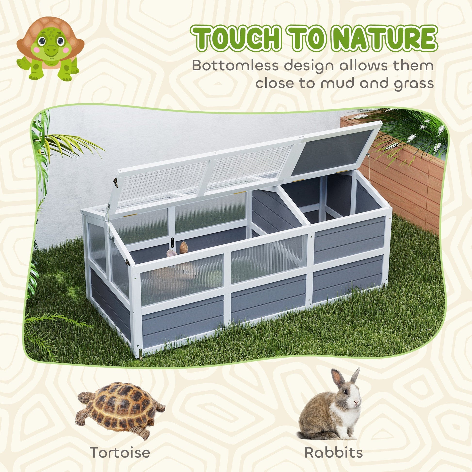 HKM-3374013 Outdoor Wooden Tortoise Habitat with Bottomless Design and PC Sun Panel Windows for Small Animals, Light Gray