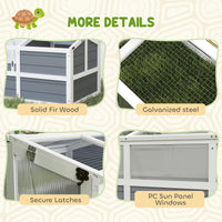 HKM-3374013 Outdoor Wooden Tortoise Habitat with Bottomless Design and PC Sun Panel Windows for Small Animals, Light Gray