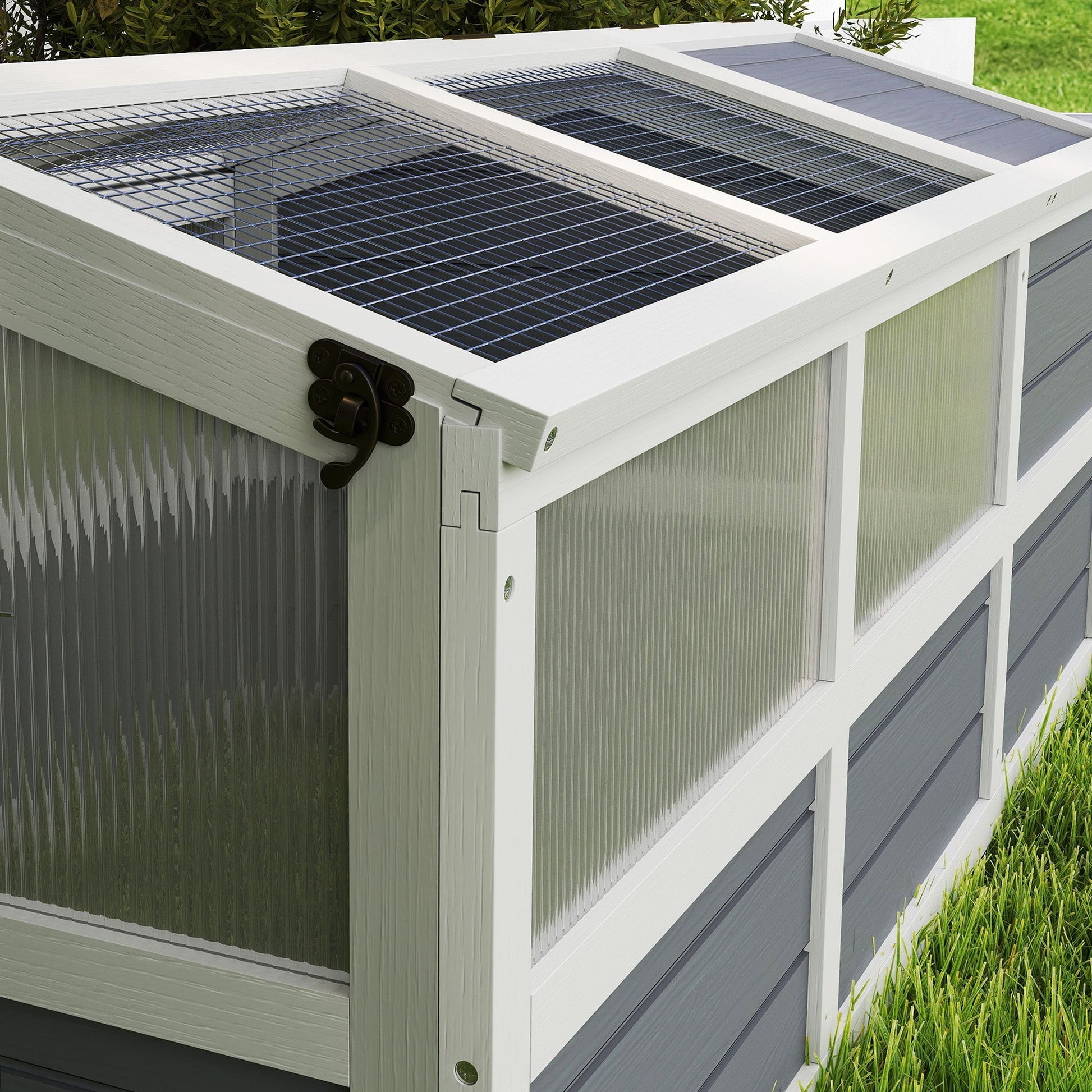 HKM-3374013 Outdoor Wooden Tortoise Habitat with Bottomless Design and PC Sun Panel Windows for Small Animals, Light Gray
